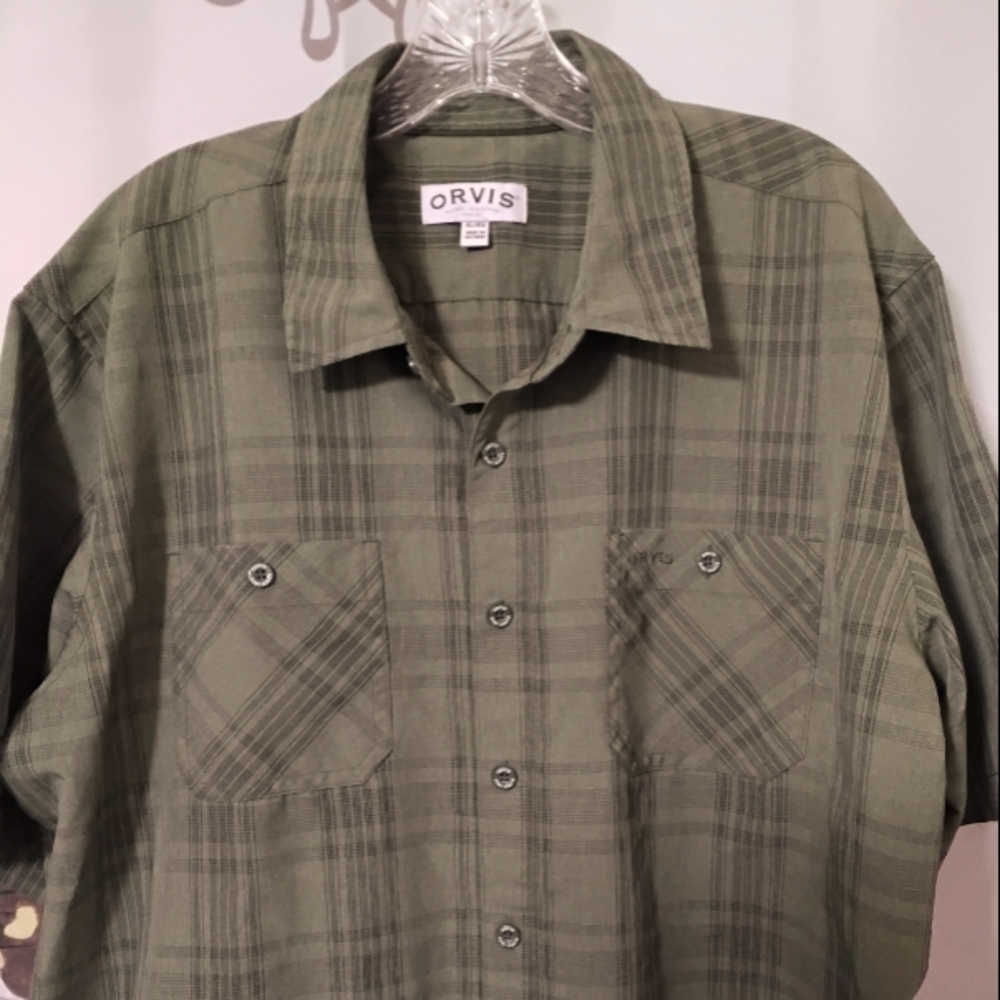 Orvis Shirt Men's XL Green Plaid Satin Button Down Pockets Hiking Safari - Picture 3 of 10